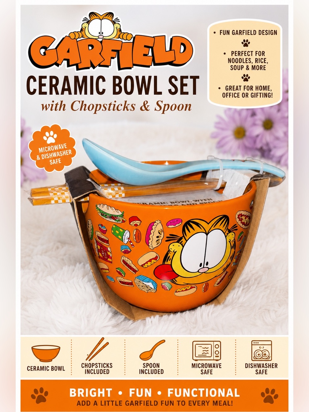 Garfield Orange Ceramic Bowl Set with Chopsticks & Spoon